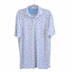 johnnie-O Top Shelf White and Blue Patterned Performance Short Sleeve Polo Shirt